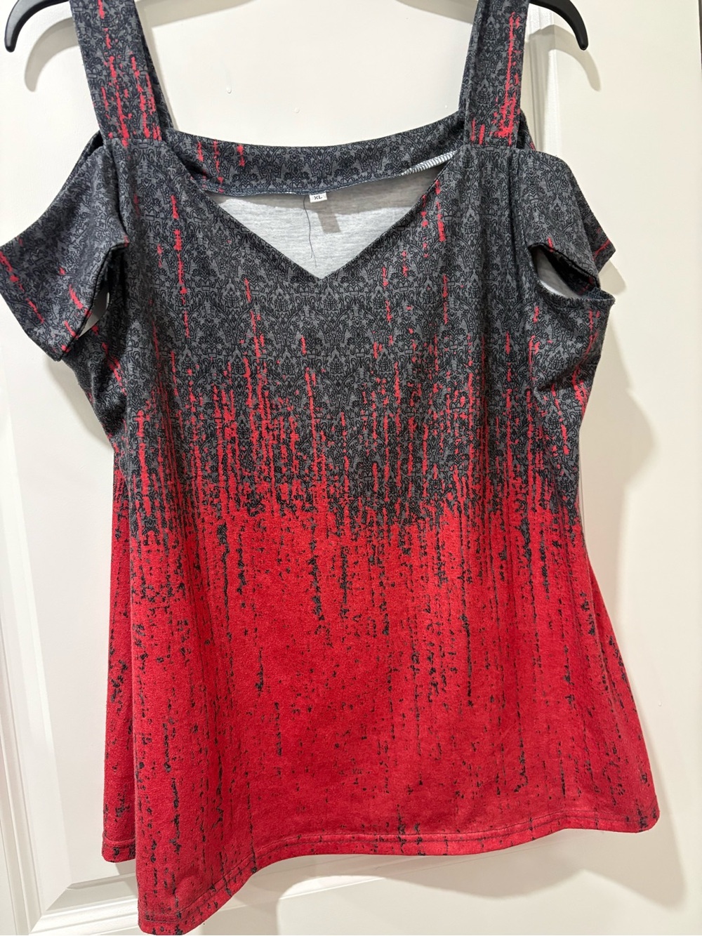 Women’s Cold-Shoulder V-Neck Top in Red and Charcoal